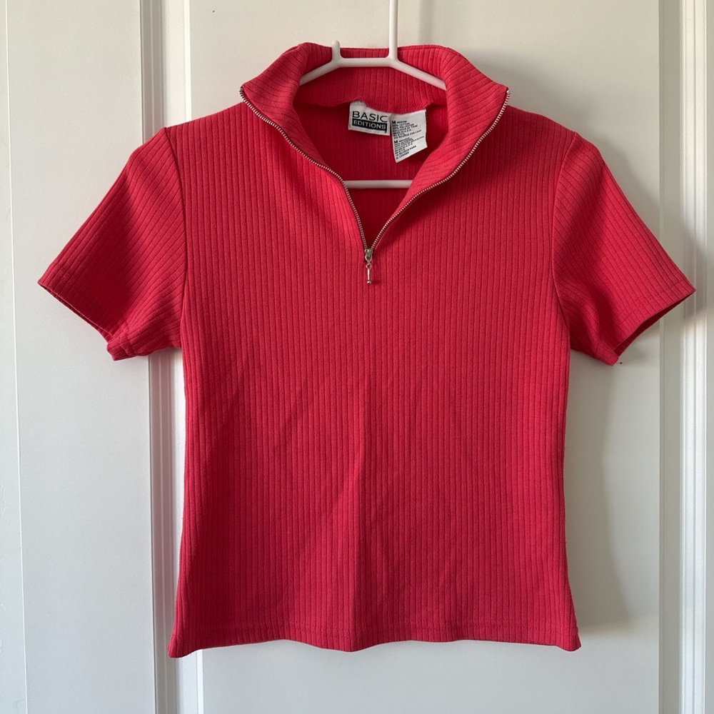 Basic Editions Pink Ribbed Half-Zip Top